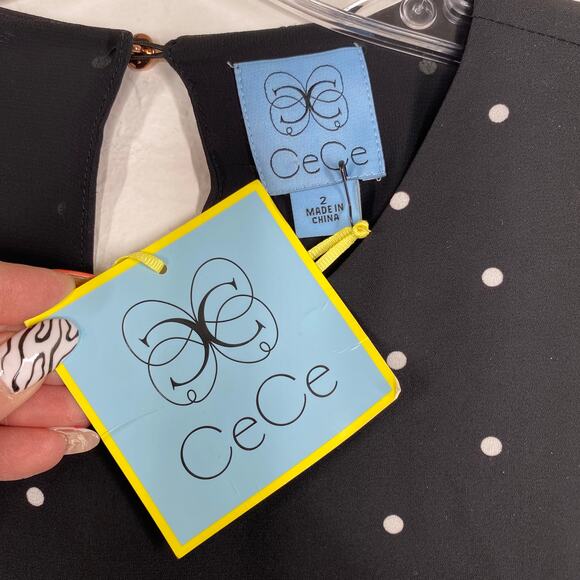 CeCe Bed of Roses Black Polka Dot Bell Sleeve Shift Mini Dress 2 - Picture 8 of 10